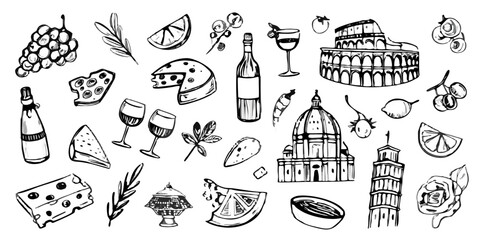 Black and white sketch set of various objects and architectural elements © AnupKumar