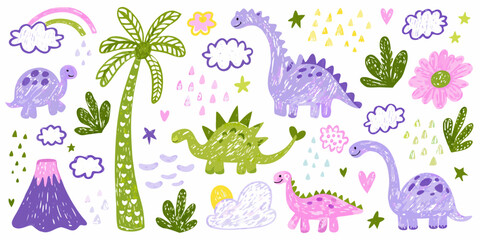 colorful dinosaur illustration with plants and clouds hand drawn style © AnupKumar