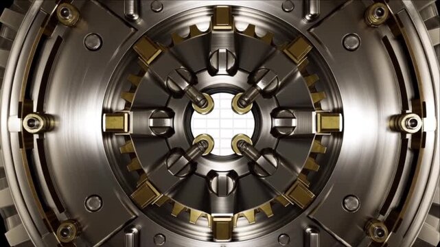 精密機械の遊星歯車が結合し黄金の光が放出される重工業構造映像