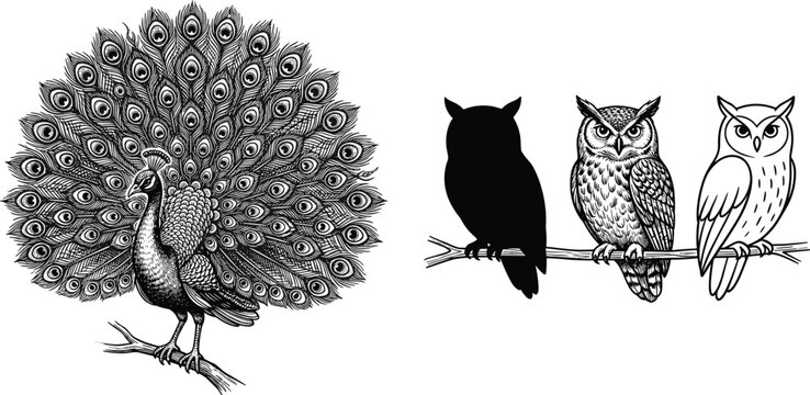 Hand-Drawn Bird Illustration Set Featuring Detailed Peacock and Various Owl Species in Black and White