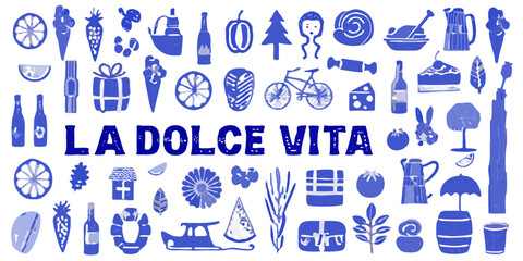italian lifestyle icons and symbols hand drawn blue illustration set © AnupKumar