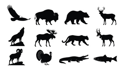 Naklejka premium Diverse collection of North American wildlife animal silhouettes isolated on transparent background for design purposes
