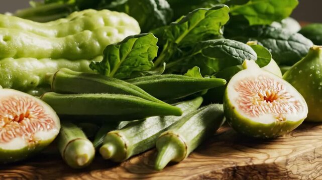 Fresh figs, okra pods, pear and leafy greens on a wooden board, green fruits and vegetables close up with warm natural light, textured surfaces, clean harvest styling, and rich botanical detail