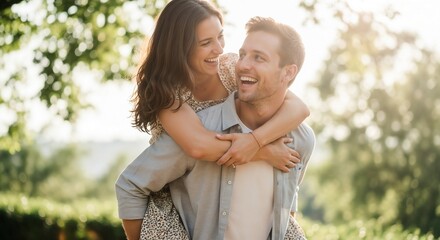 Obraz premium Joyful couple enjoying piggyback ride in sunny park with trees and soft light creating cheerful atmosphere. Playful piggyback ride captures happiness and connection between partners.