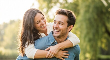 Fototapeta premium Young couple enjoying piggyback ride outdoors with sunlight filtering through trees, smiling and laughing together, sharing joyful moments during playful day in the park.