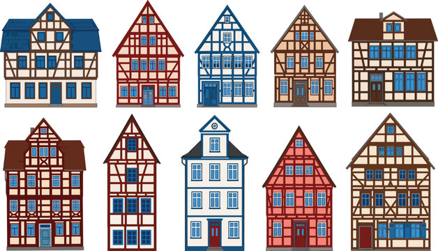 Half timbered houses, traditional European architectural illustration