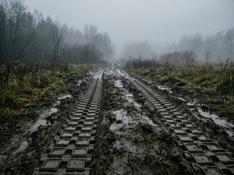 Tank tracks imprinted in muddy rural road with foggy forest background for dramatic landscape poster and gritty outdoor banner design