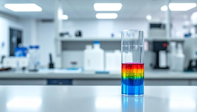 Colorful liquid layers in a laboratory beaker