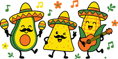 Fototapeta premium Cute Mexican food mariachi band mascots. Happy avocado, nacho chip, and corn wearing sombreros celebrating Cinco de Mayo fiesta vector illustration.