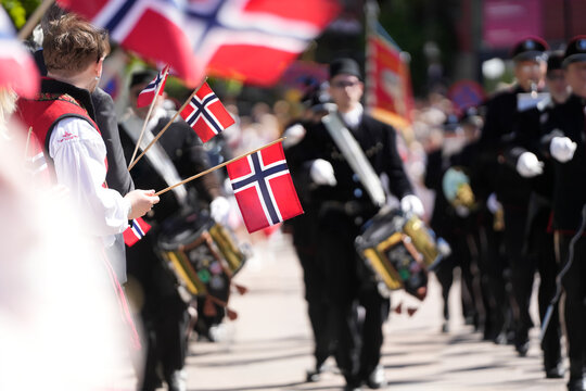 Norwegian Woman Bunad Multiple Flags Marching Band Drums &mdash; May 17th Constitution Day Parade Norwegian Culture Heritage Kongsberg