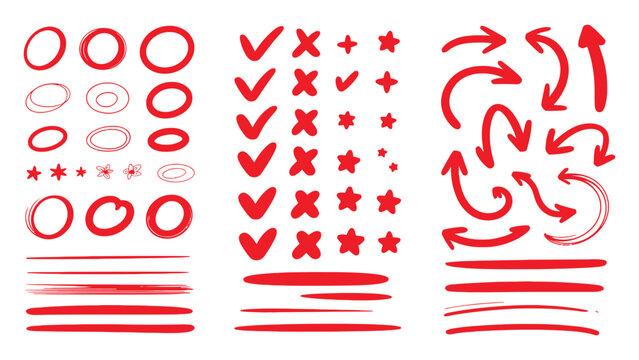 Collection of red handdrawn abstract shapes including circles ovals checkmarks crosses stars arrows and underlines isolated on transparent background