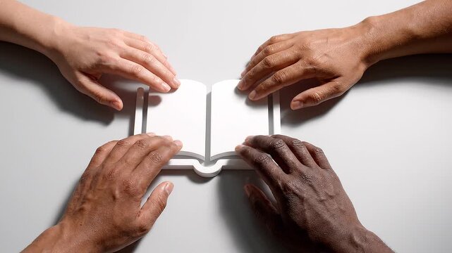 four hands of different skin tones surrounding a white book cutout on light gray surface