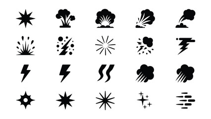Fototapeta premium Collection of diverse explosion and energy icons representing bursts lightning smoke and starbursts for graphic design elements
