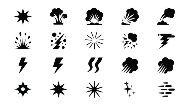 Collection of diverse explosion and energy icons representing bursts lightning smoke and starbursts for graphic design elements