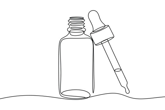 Minimalist single line drawing of a glass serum bottle with a dropper pipette showing a liquid drop falling gently