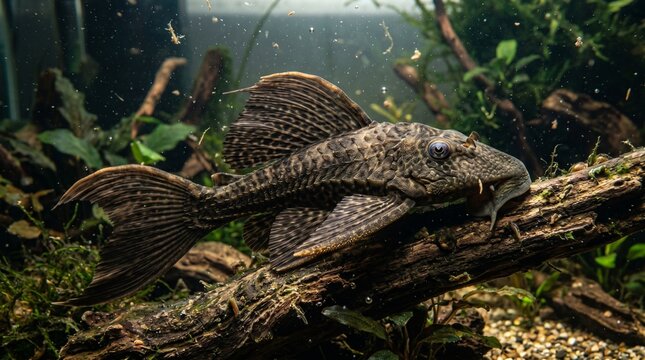 Ultra-realistic macro photography showcasing a pleco fish resting on driftwood in a lush aquarium environment