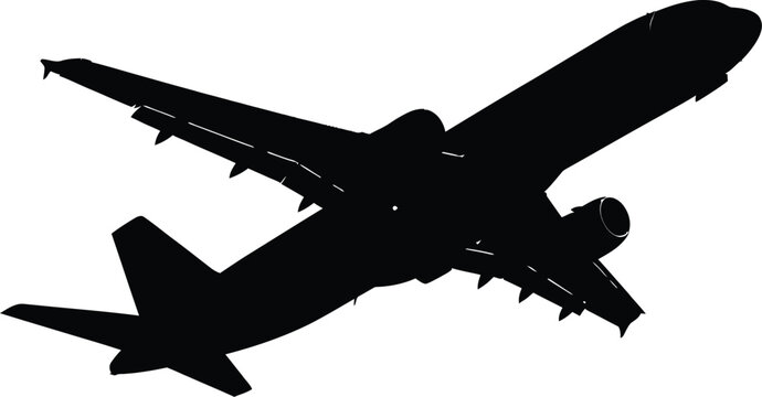 Silhouette of a passenger jet airplane ascending transparent background
