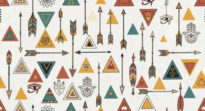Seamless boho pattern with tribal arrows and ethnic geometric symbols
