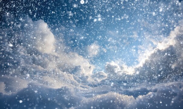 Cloudy sky with falling snow, sunlight through clouds