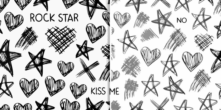 hand drawn doodle pattern with hearts stars and rockstar text