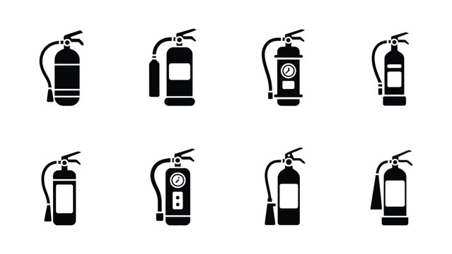 Collection of eight diverse black silhouette fire extinguisher icons with hoses and handles isolated on transparent background