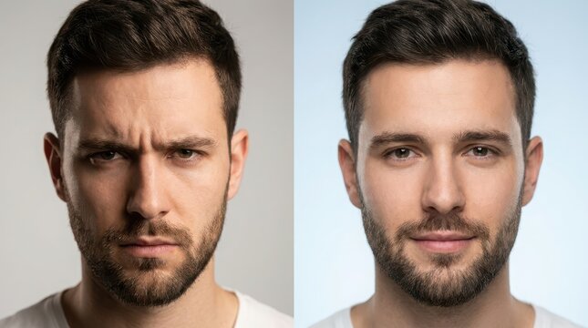 Man with neutral and serious expressions in studio portrait comparison