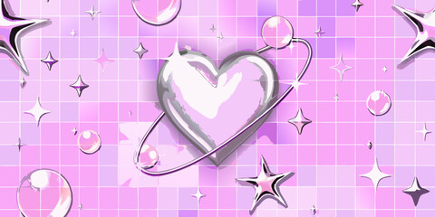 Chrome heart with planetary ring pink y2k aesthetic illustration © Hemlata