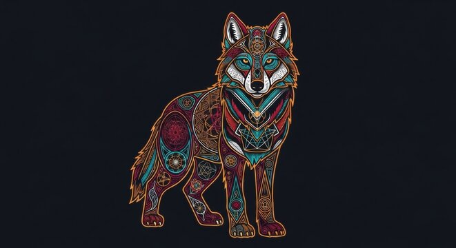 Stylized decorative wolf illustration with intricate geometric patterns