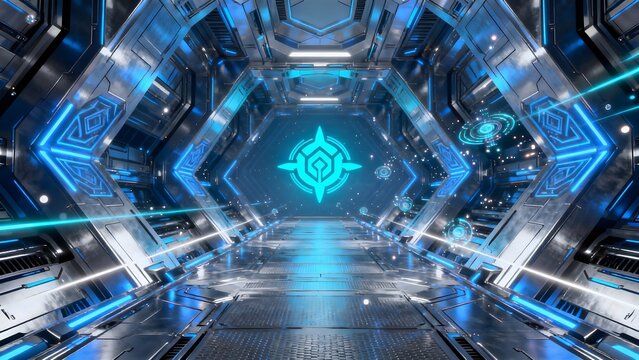 Futuristic metallic corridor with blue lights