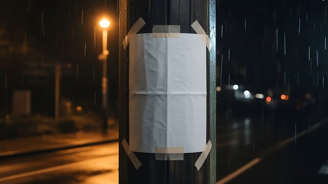 Blank white poster mockup taped to a street pole on a rainy city night with cinematic urban lighting