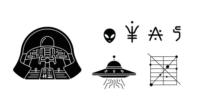 Alien Spaceship and Symbols - Futuristic Sci-Fi Icon Set