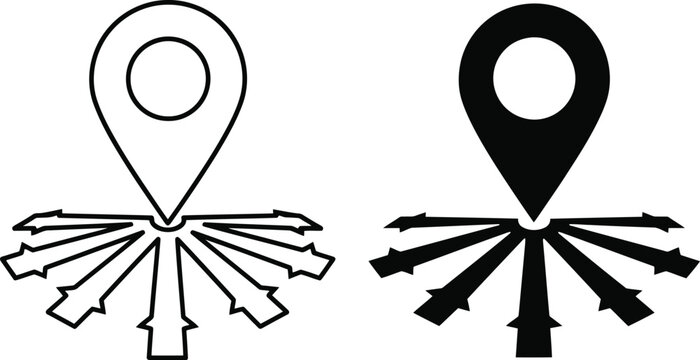 Map pin icon with multiple directional arrows pointing away from center