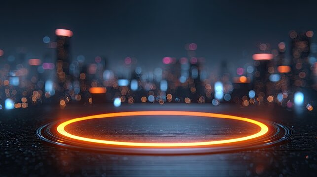 Futuristic glowing platform in a blurred cityscape at night