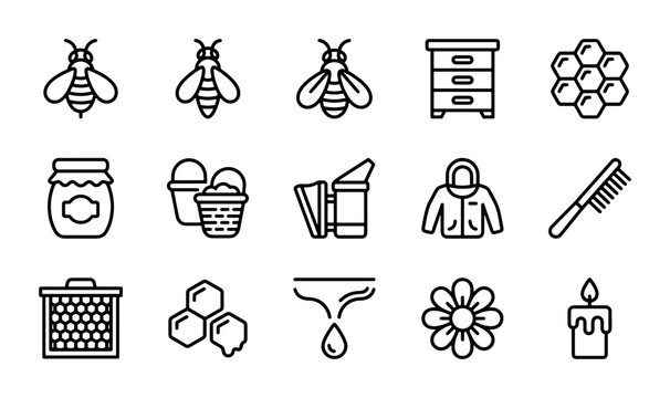 Beekeeping Icons Set, Honeycomb, Beehive, Jar, Flower, Candle, Vector Graphics