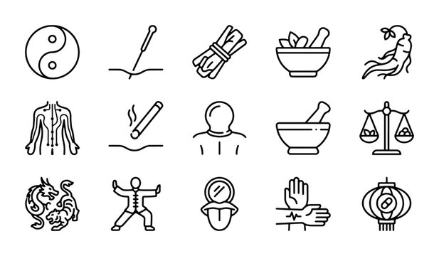 Traditional Chinese Medicine Icons: Acupuncture, Herbs, Yin Yang, Ginseng, Scales, Qi Gong