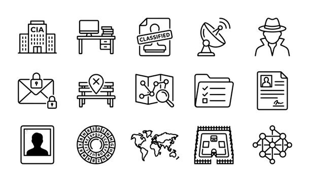Spy and Investigation Icons: Secret Agent, Surveillance, Data Analysis, Classified Documents, Global Network