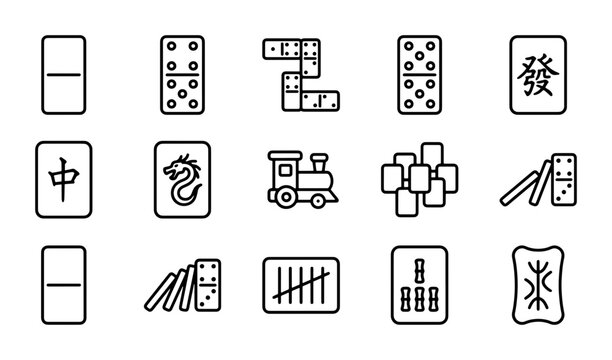 Domino and Mahjong Icons Set, Game Pieces Vector Graphics, Entertainment and Strategy Symbols