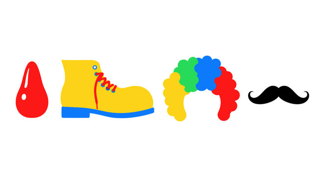 Clown Costume Elements: Red Drop, Yellow Boot, Colorful Wig, Black Mustache