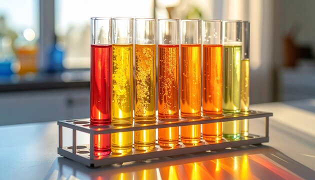 Colorful Liquids in Test Tubes Displaying Varying Densities