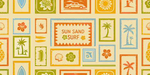 Tropical postcard collage pattern with palm trees and beach motifs © NaderAli