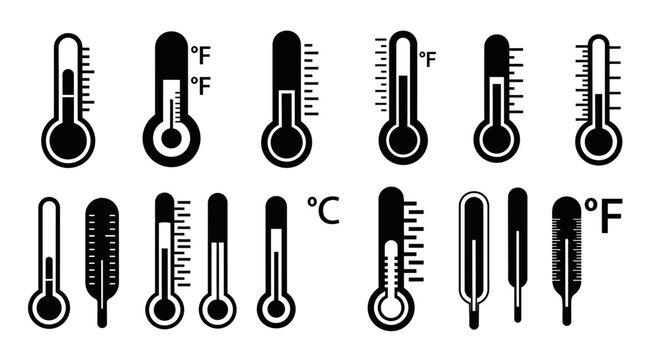 Collection of Thermometer Icons: Fahrenheit and Celsius Temperature Measurement