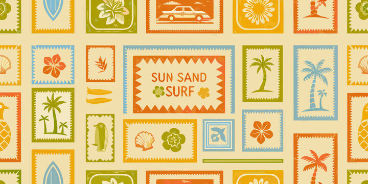 Tropical postcard collage pattern with palm trees and beach motifs