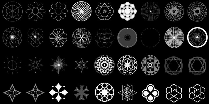 abstract geometric shapes and patterns wireframe style on black background