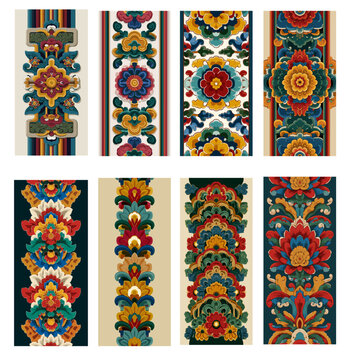 Korean traditional Dancheong floral borders set, 한국 전통 단청 꽃담 문양 수직 보더 세트