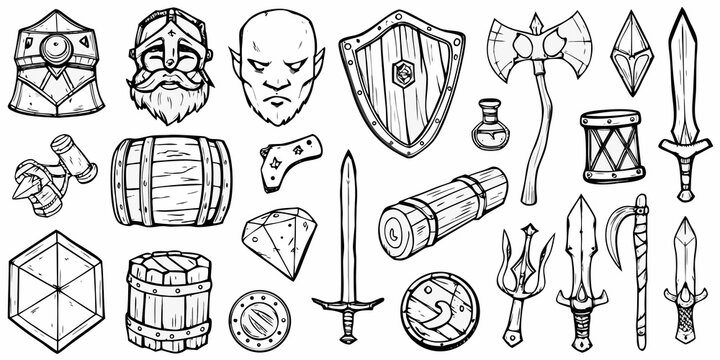 Hand Drawn Fantasy Weapon and Armor Set Black and White
