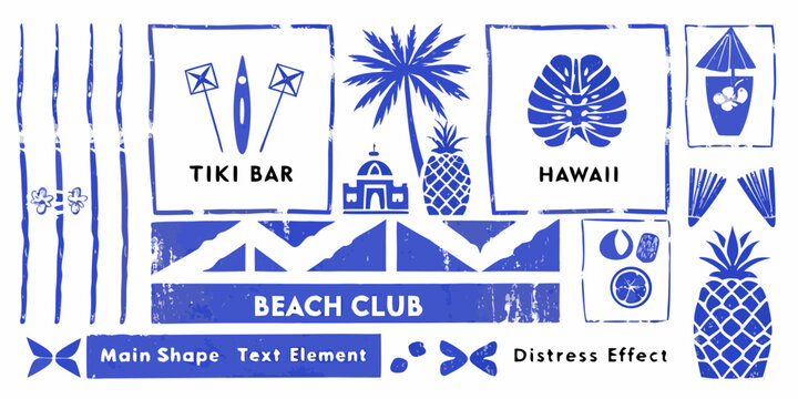Hawaiian tiki bar icon set in blue linocut style