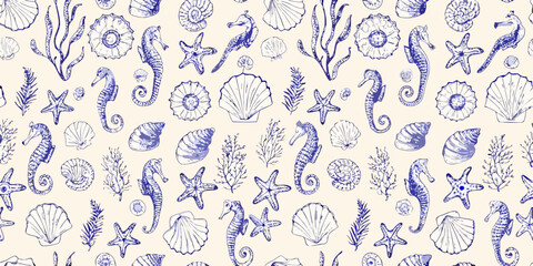 Seamless nautical pattern with seashells starfish and seahorses © NaderAli
