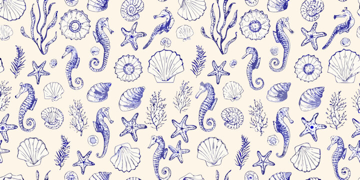 Seamless nautical pattern with seashells starfish and seahorses