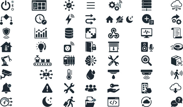 Set of flat icons representing technology weather security and communication