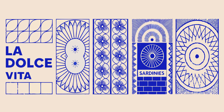 italian themed stamp series vector illustration with floral and geometric designs